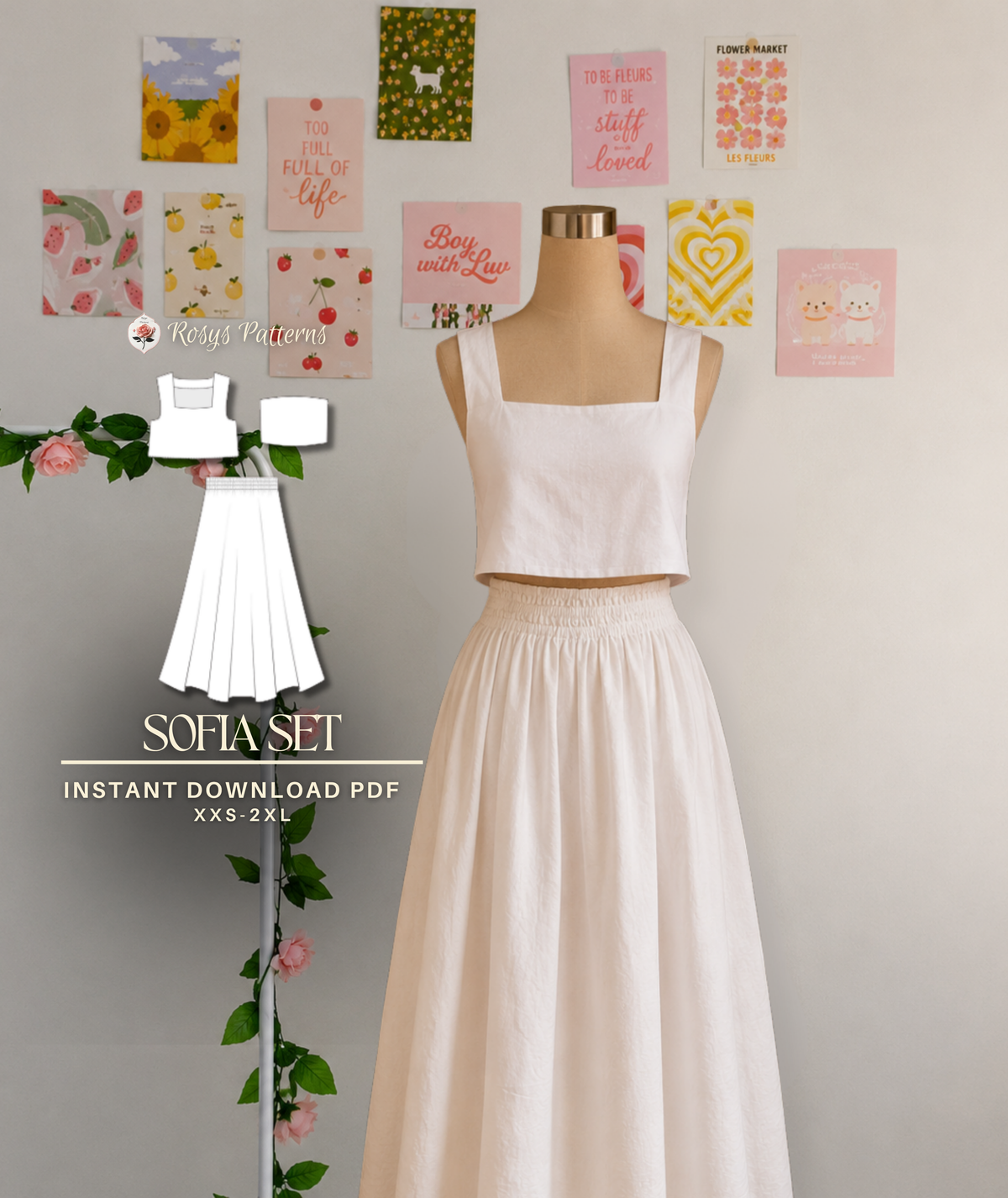 3 Piece Set Midi Skirt Square Neck Crop Top & Tube Top Beginner Sewing Pattern Bundle PDF