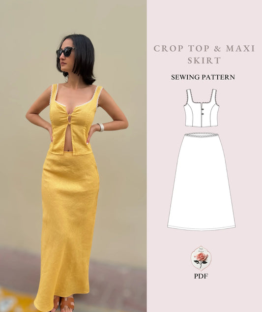 Crop Top and Maxi Skirt sewing pattern: finished set and flat sketch