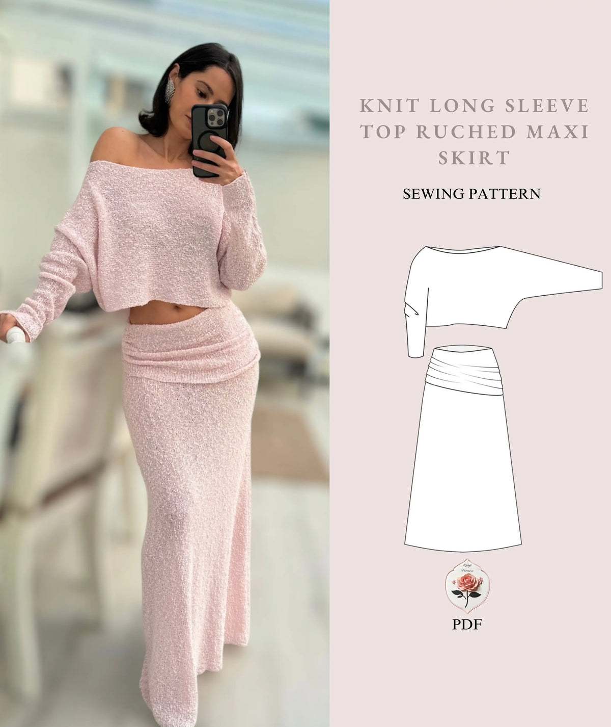 Knit Long Sleeve Crop Top and Ruched Maxi Skirt sewing pattern: finished set and flat sketch