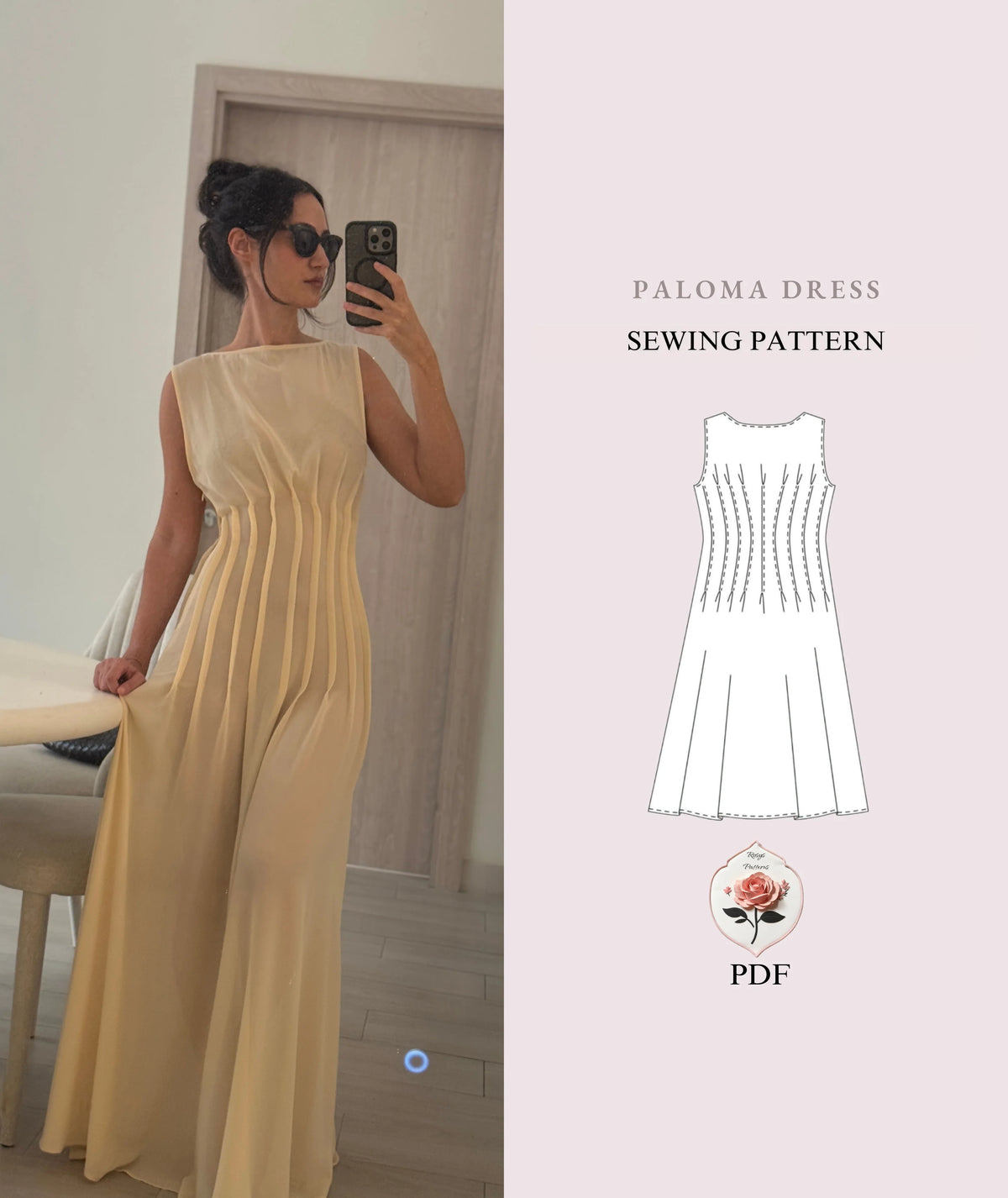 Paloma Dress sewing pattern: finished maxi dress and flat sketch