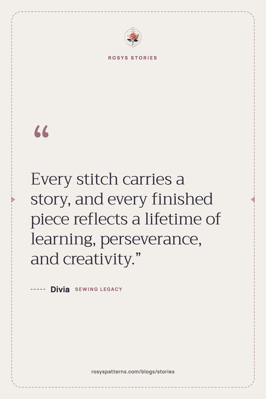 “Every stitch carries a story, and every finished piece reflects a lifetime of learning, perseverance, and creativity.” — Divia, Rosys Stories