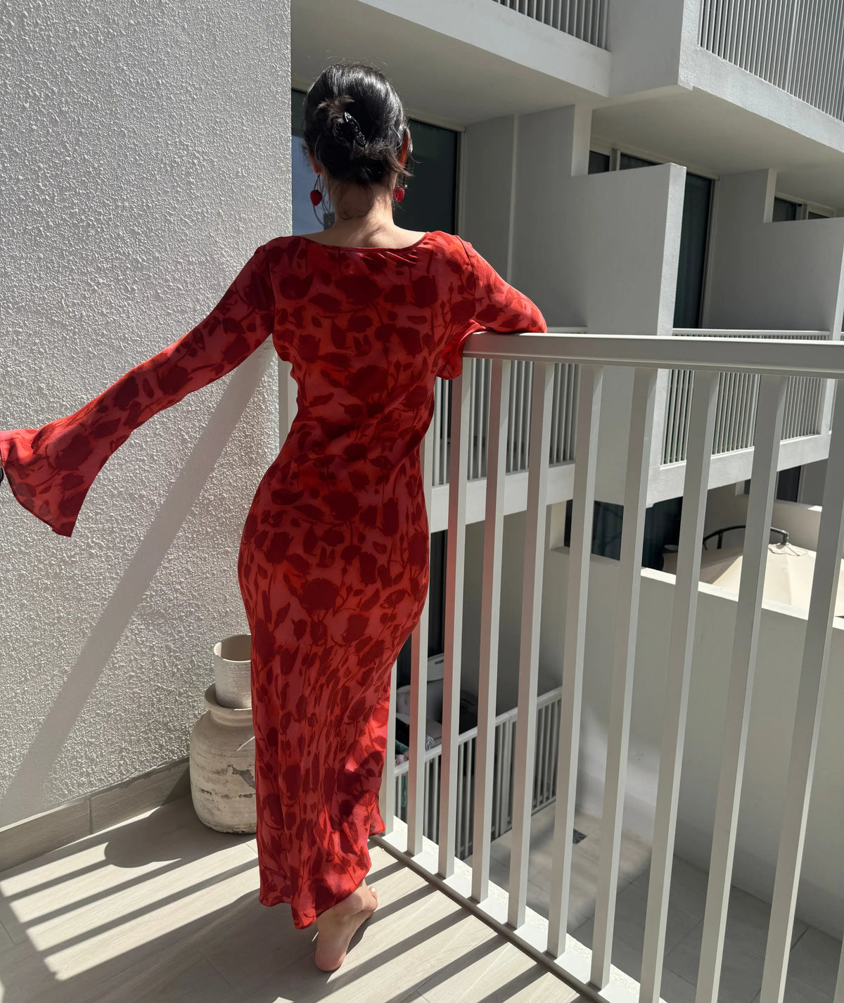 bell sleeve maxi dress pattern Madrid Blue High Neck Bell Sleeve Maxi Dress