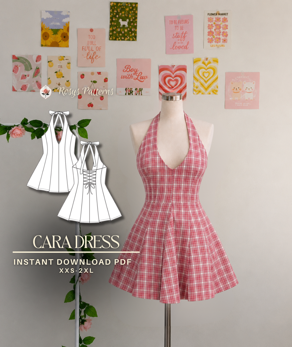 Cara Dress | Halter Mini Dress Pattern | Open Back Corset Tie Dress | Beginner Friendly | Sizes XXS–2XL | Instant PDF Download