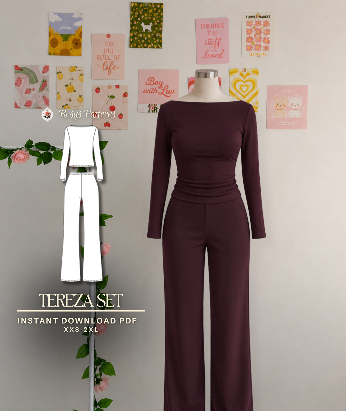 Tereza Set |Two Piece Loungewear Pattern | Long Sleeve Boat Neck Top & Elastic Waist Bias Pants | Beginner Friendly | Sizes XXS–2XL | PDF Download