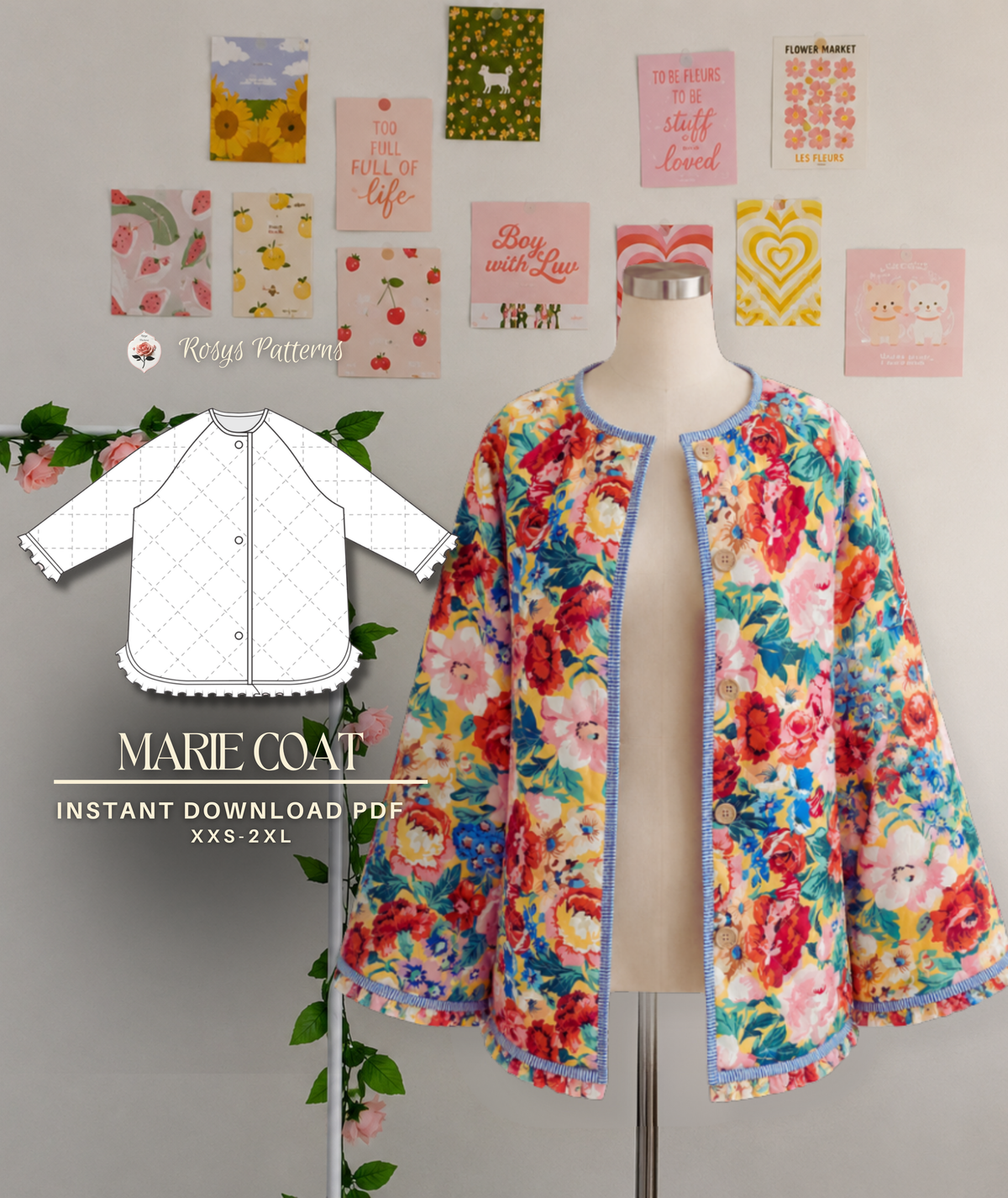 Quilted Jacket Beginner Sewing Pattern Coat pdf XXS-XXL