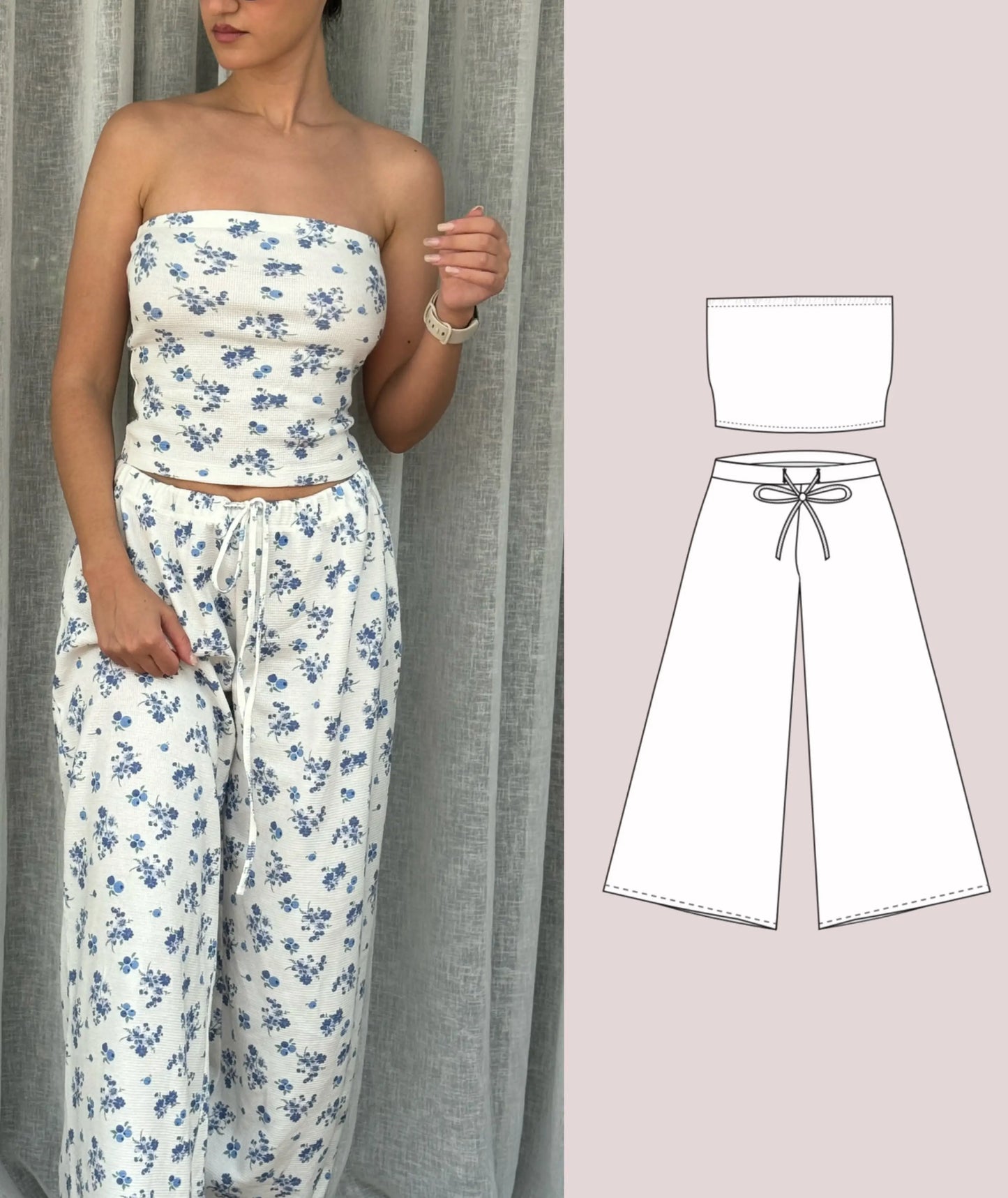 Womens Pajama Set Beginner PDF Sewing Pattern Wide Leg Pants and Strapless Top