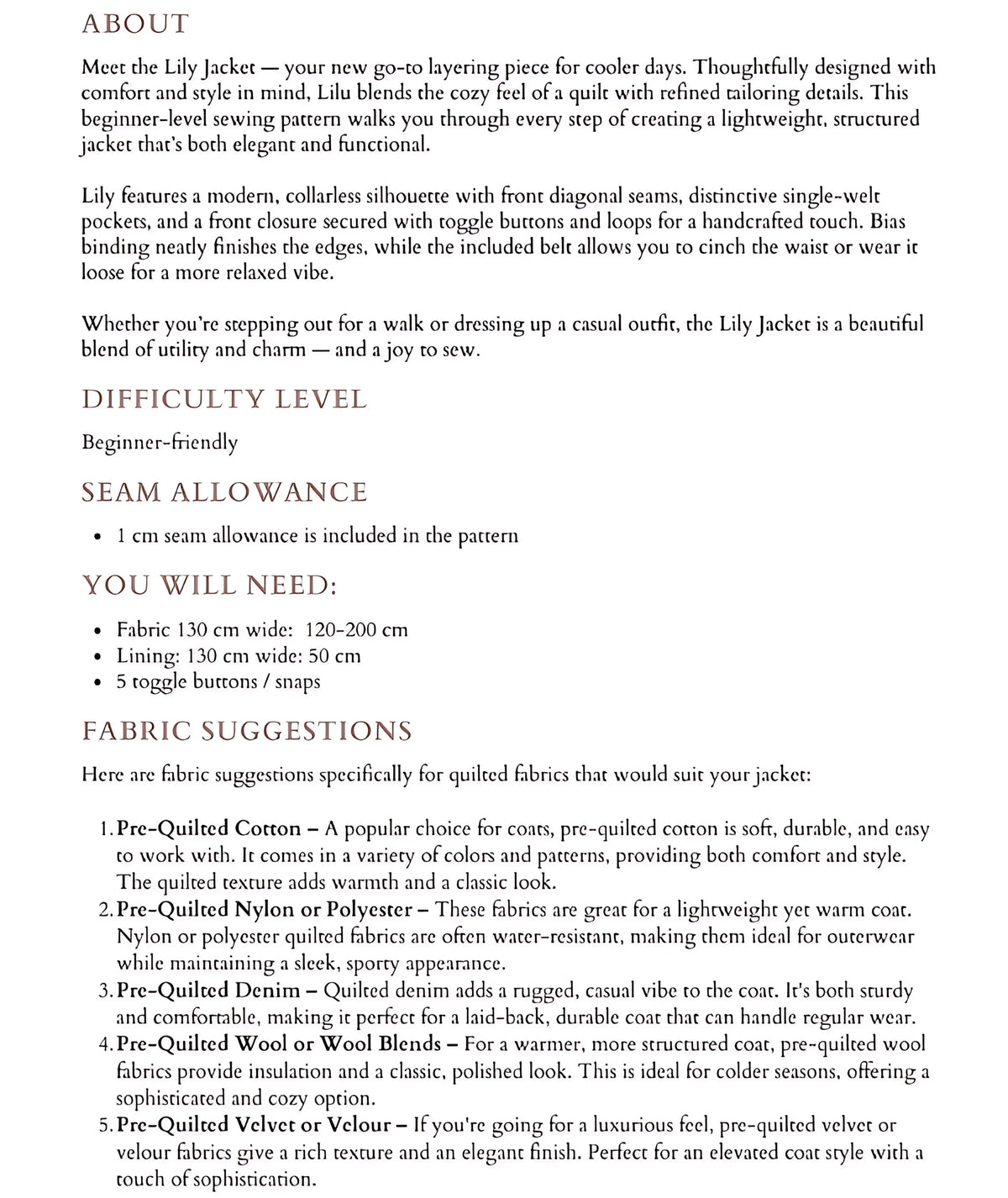 Belted Quilted Jacket Beginner Sewing Pattern Coat pdf XXS-XXL