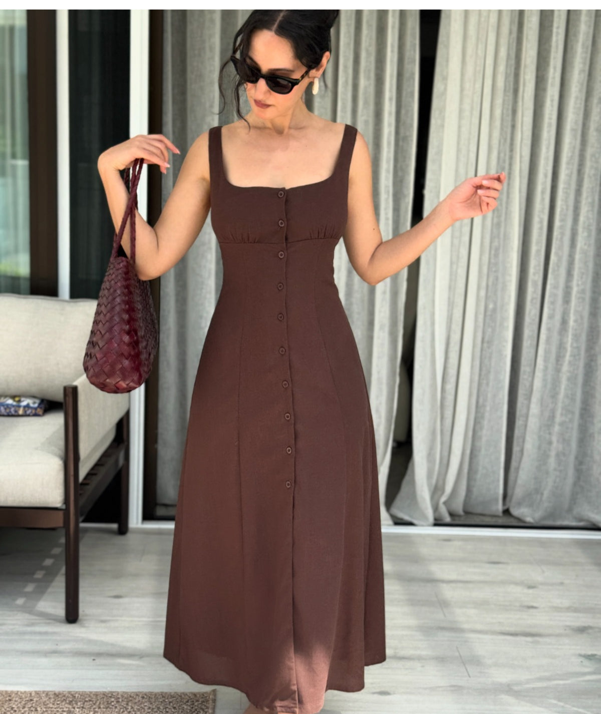 Helda Dress | Button Front Midi Dress Pattern | Gathered Bust A-Line Dress with Back Ties | Sizes XXS–2XL | Instant PDF Download