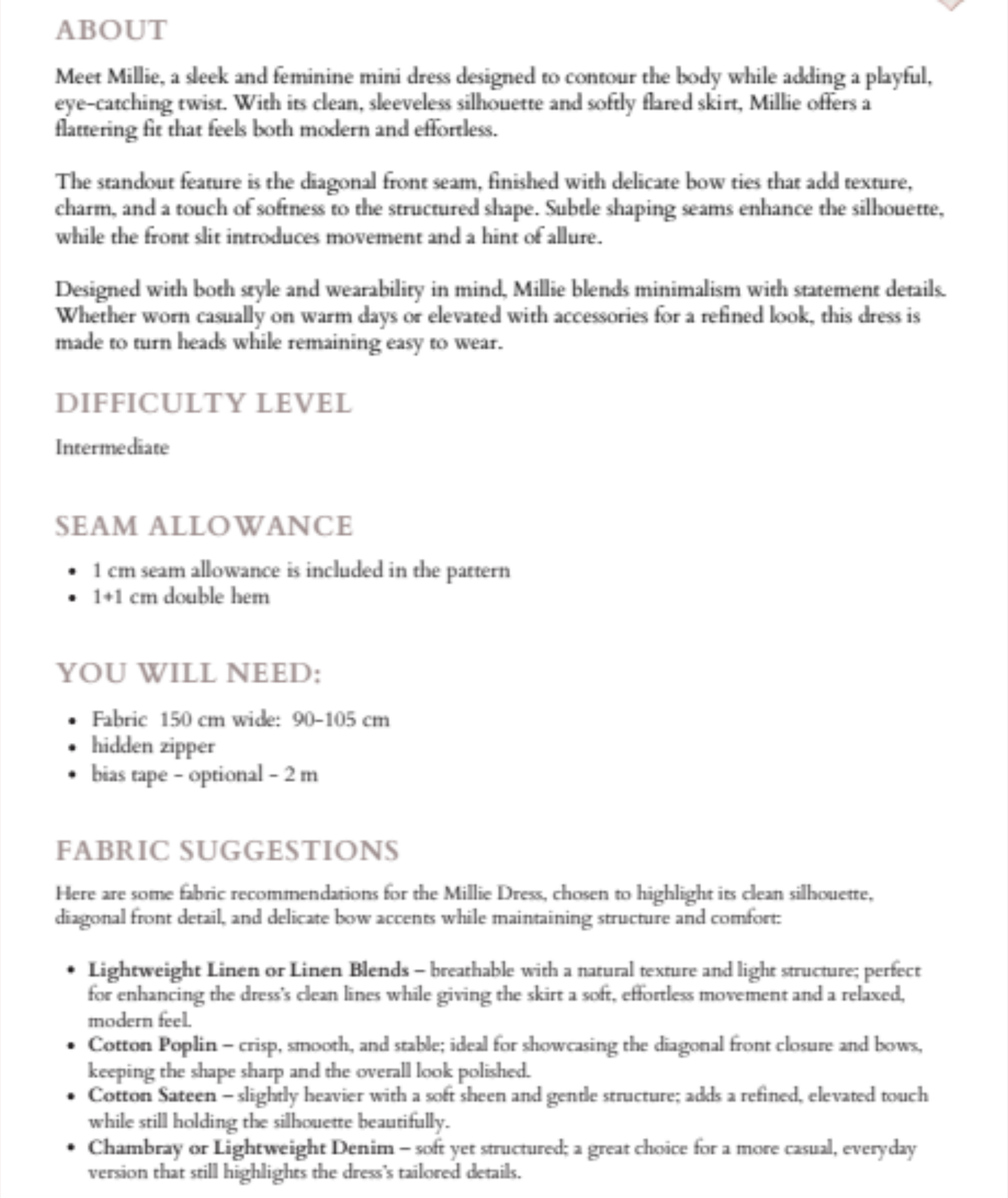 Millie Dress | Sleeveless Mini Dress Pattern with Bow Ties | Diagonal Front Seam | Beginner Friendly | Sizes XXS–2XL | Instant PDF Download