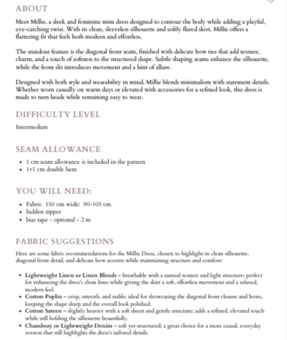 Millie Dress | Sleeveless Mini Dress Pattern with Bow Ties | Diagonal Front Seam | Beginner Friendly | Sizes XXS–2XL | Instant PDF Download