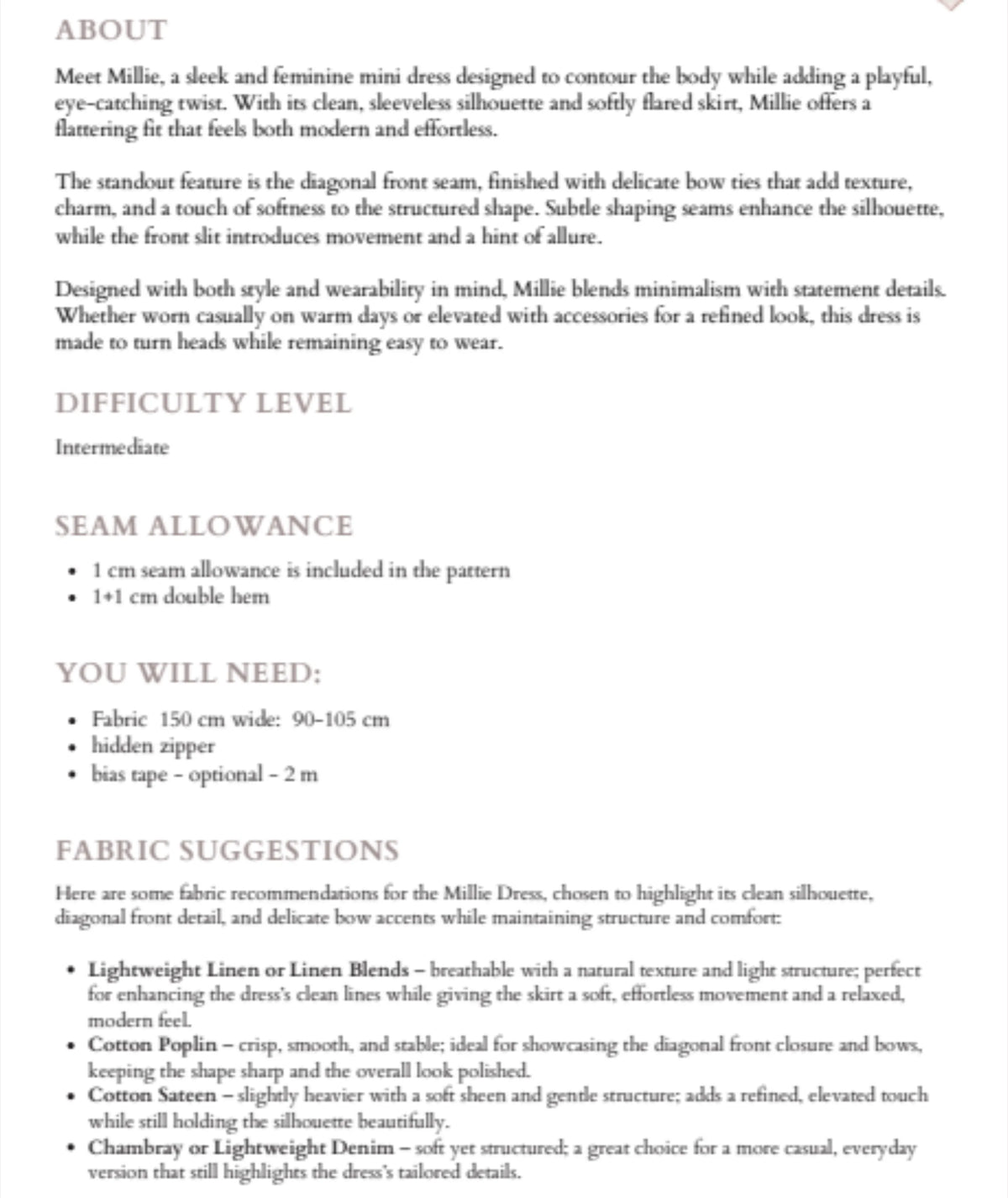 Millie Dress | Sleeveless Mini Dress Pattern with Bow Ties | Diagonal Front Seam | Beginner Friendly | Sizes XXS–2XL | Instant PDF Download