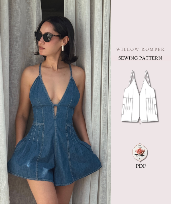 Willow Romper Sewing Pattern | Deep V Neck Romper Pattern | Fitted Pleated Bodice Playsuit | Beginner Friendly | Sizes XXS–2XL | Instant PDF Download