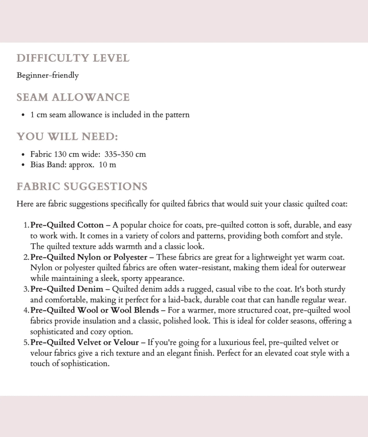 Quilted Coat Jacket Beginner Sewing Pattern PDF Size XXS-XXL