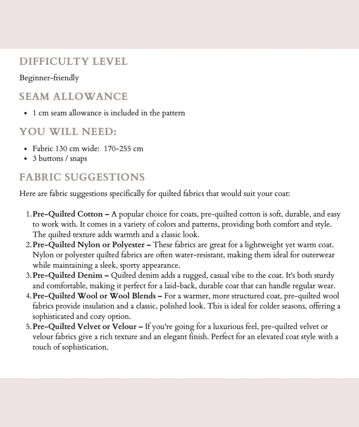 Quilted Jacket Beginner Sewing Pattern Coat pdf XXS-XXL