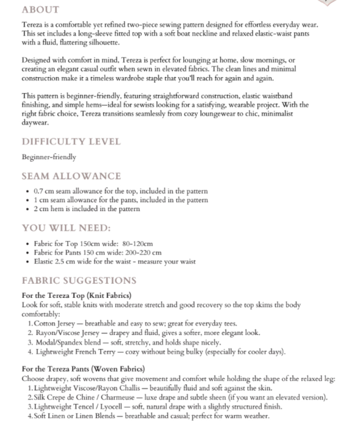 Tereza Set |Two Piece Loungewear Pattern | Long Sleeve Boat Neck Top & Elastic Waist Bias Pants | Beginner Friendly | Sizes XXS–2XL | PDF Download
