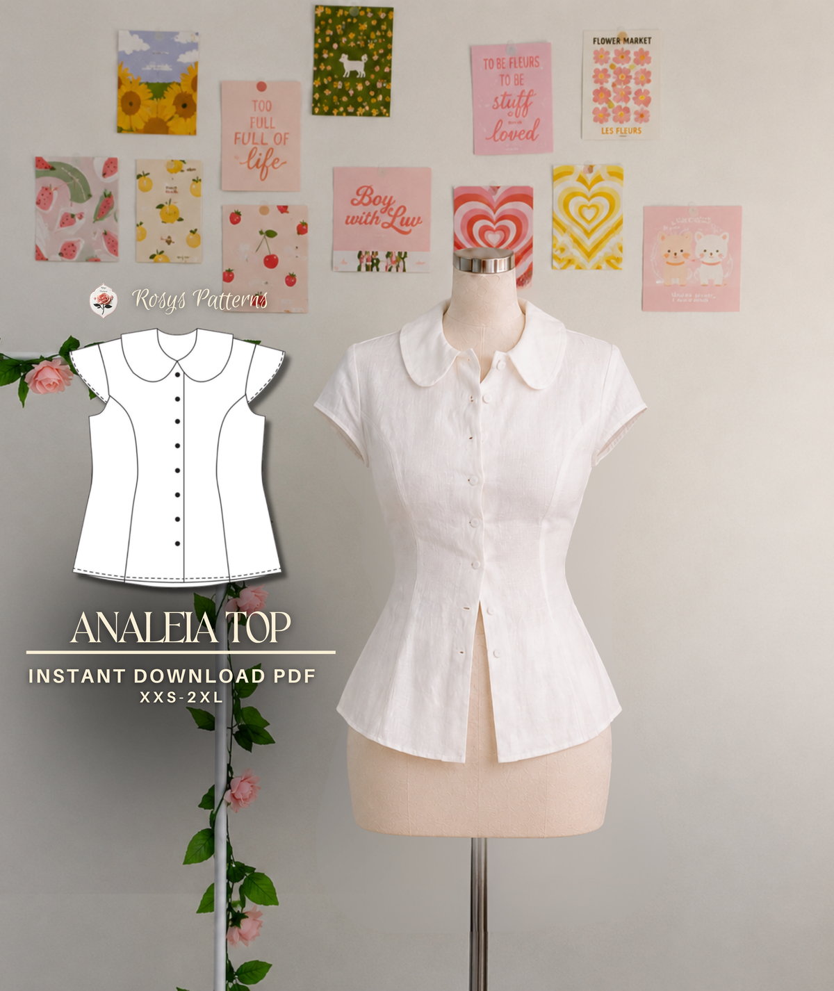 Analeia Top Sewing Pattern | Peter Pan Collar Blouse Pattern | Button Front Princess Seam Top | Beginner Friendly | Sizes XXS–2XL | Instant PDF Download