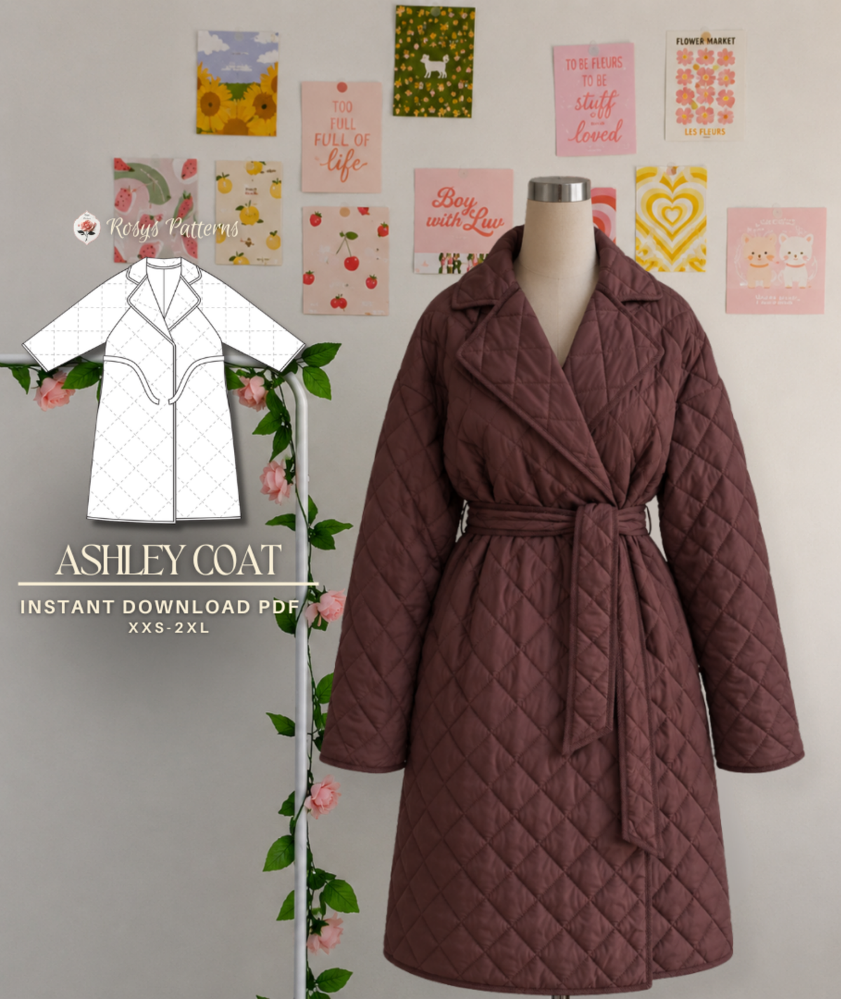 Quilted Coat Jacket Beginner Sewing Pattern PDF Size XXS-XXL