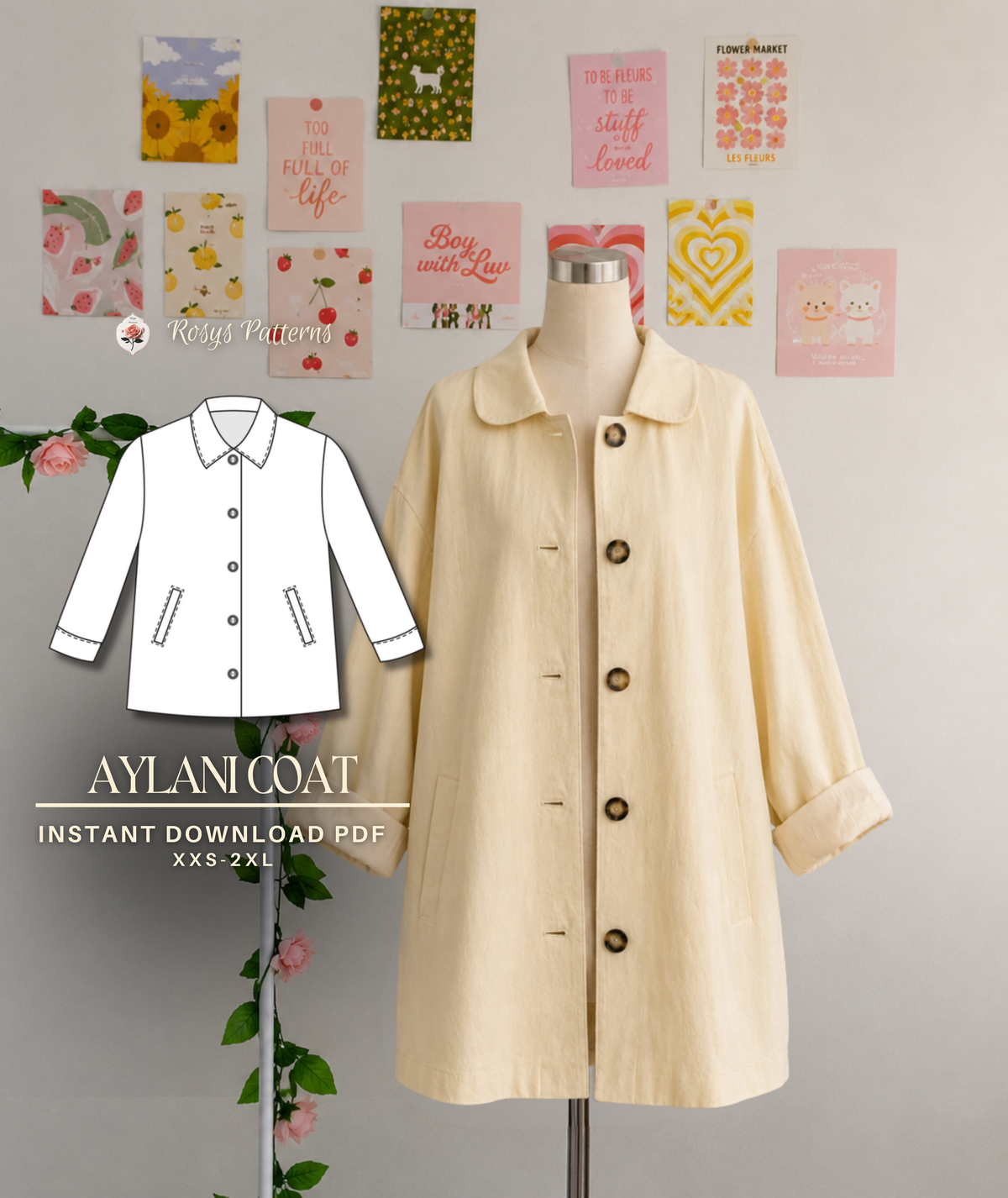 Aylani Coat Sewing Pattern | Fully Lined Minimalist Coat Pattern | Button Front Coat with Welt Pockets | Beginner Friendly | Sizes XXS–2XL | Instant PDF Download