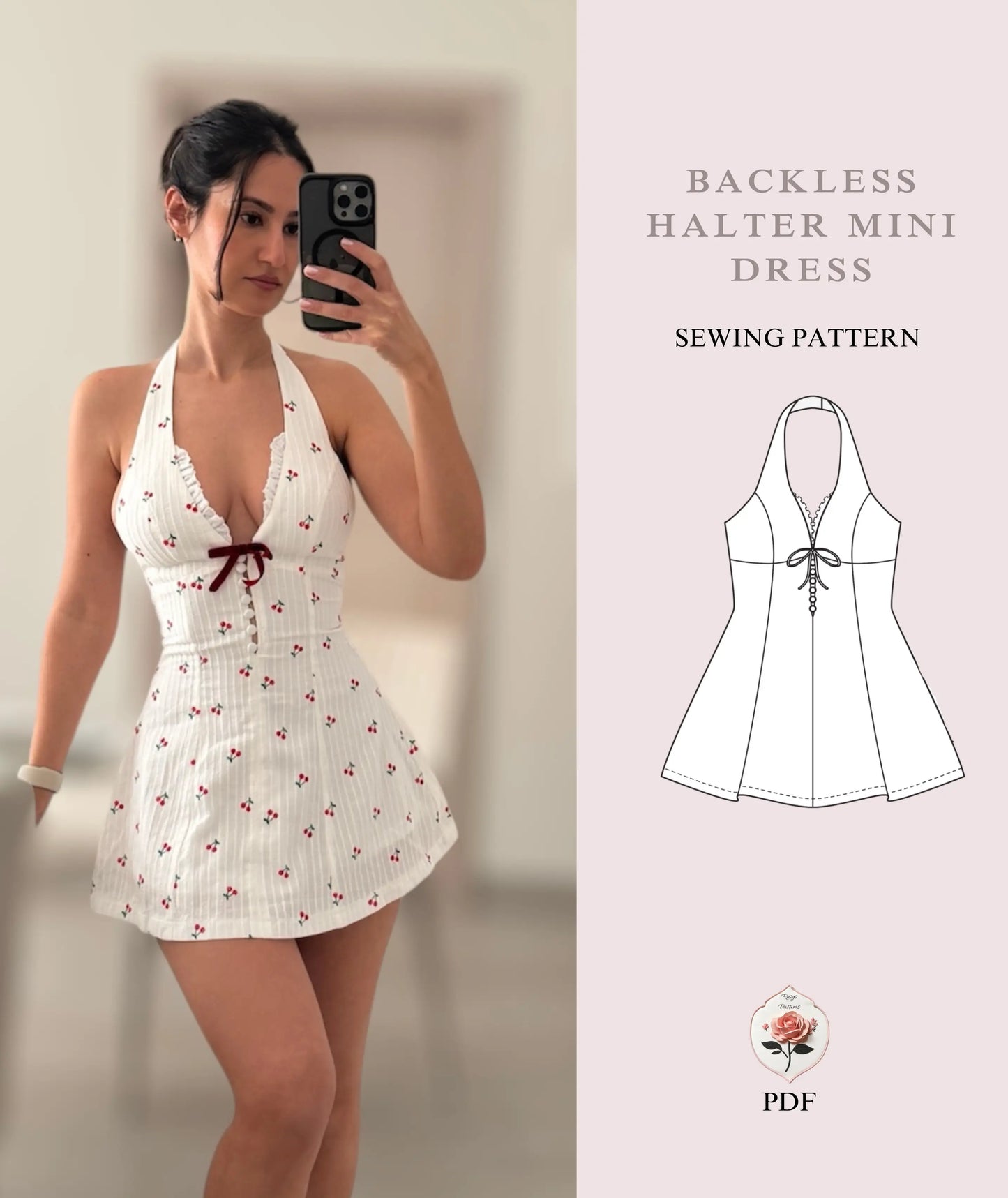 Vintage Open Back Mini Halter Dress Sewing Pattern PDF