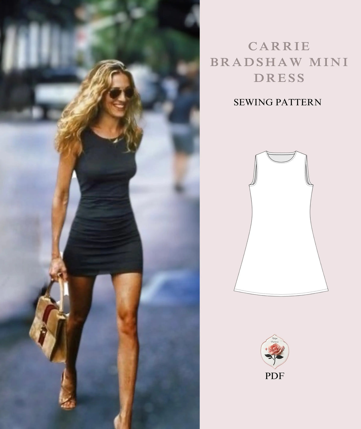 Carrie Bradshaw SATC Mini Grey Dress Beginner Sewing Pattern PDF