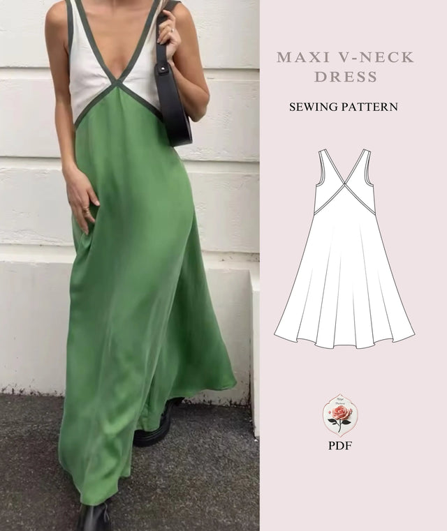 Maxi V-Neck Dress Sewing Pattern Instant Download PDF Pattern