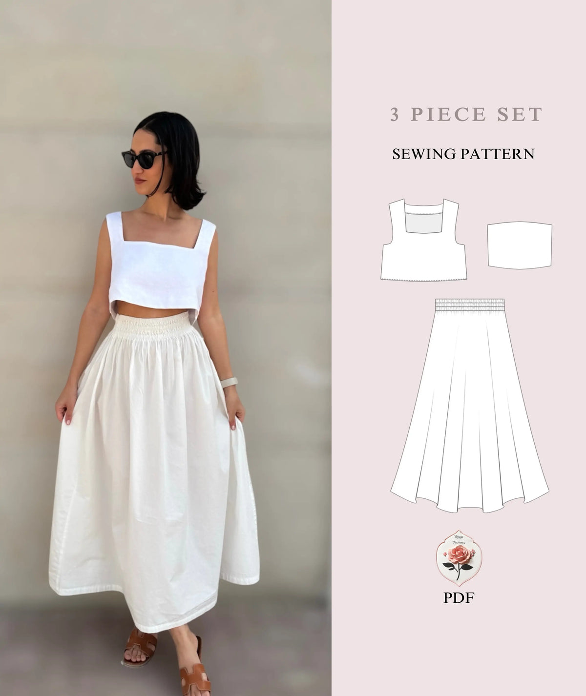 3 Piece Set Midi Skirt Square Neck Crop Top & Tube Top Beginner Sewing Pattern Bundle PDF