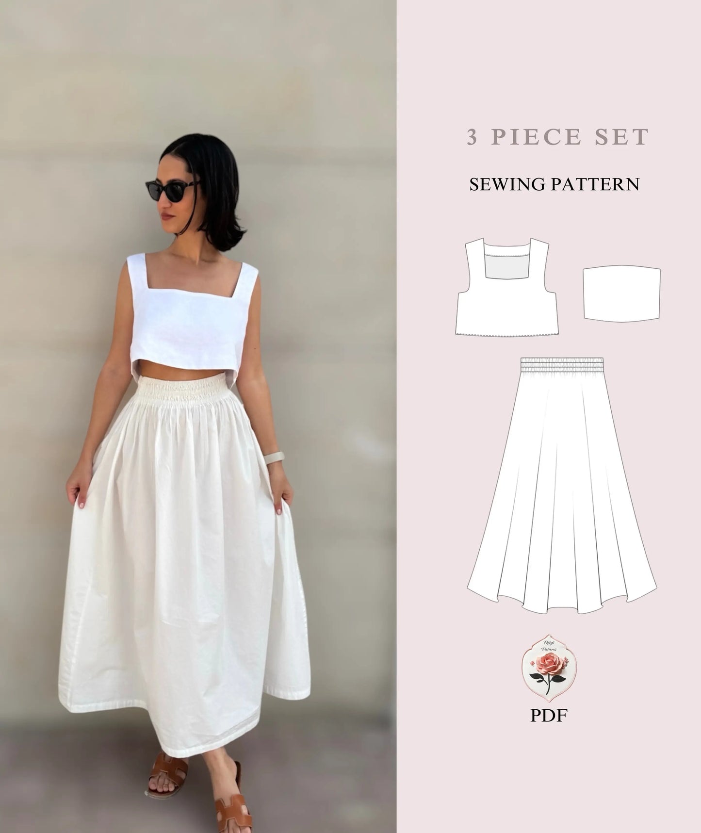 3 Piece Set Midi Skirt Square Neck Crop Top & Tube Top Beginner Sewing Pattern Bundle PDF