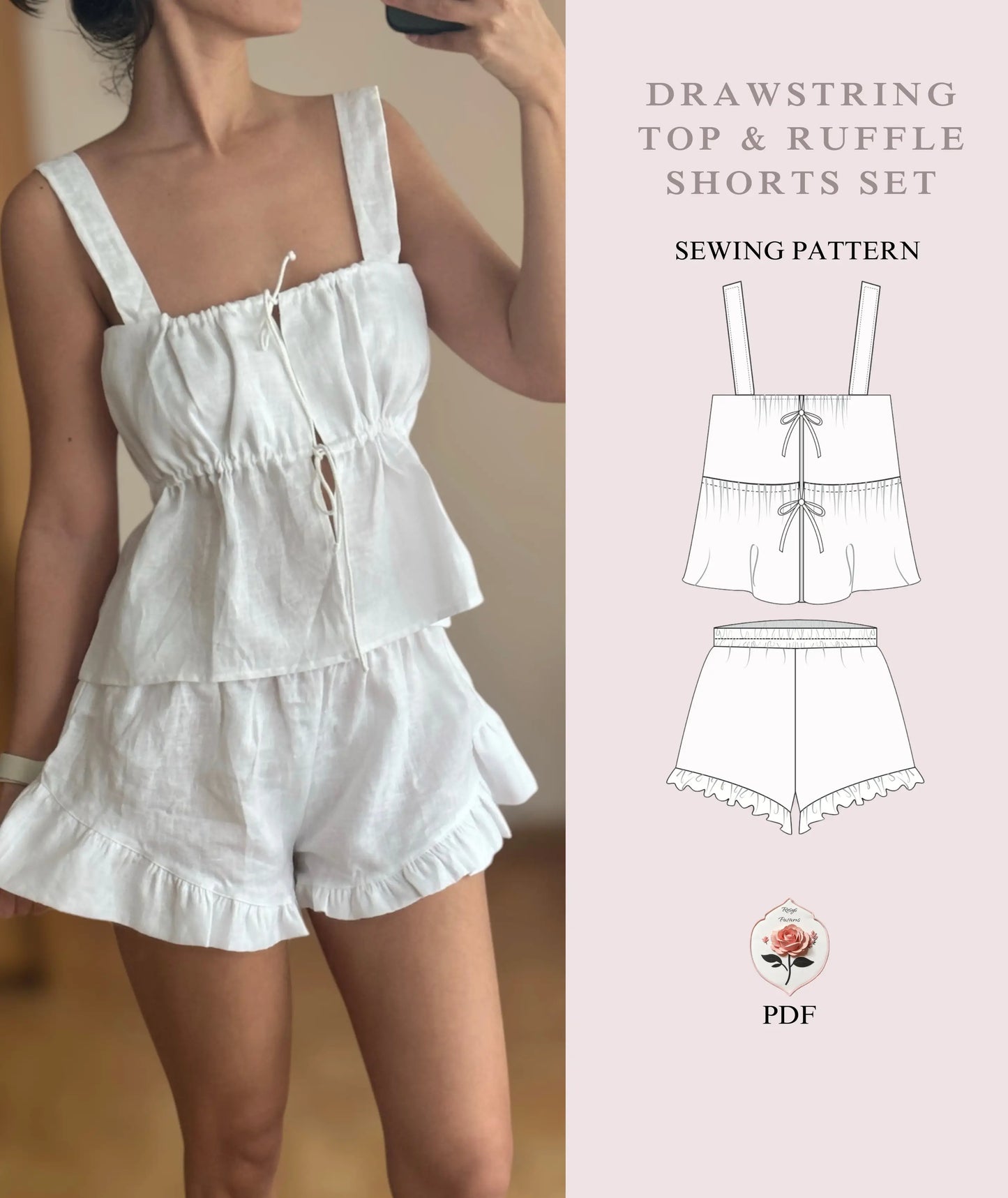 Drawstring Tie Top & Ruffle Summer Shorts Set Sewing Pattern