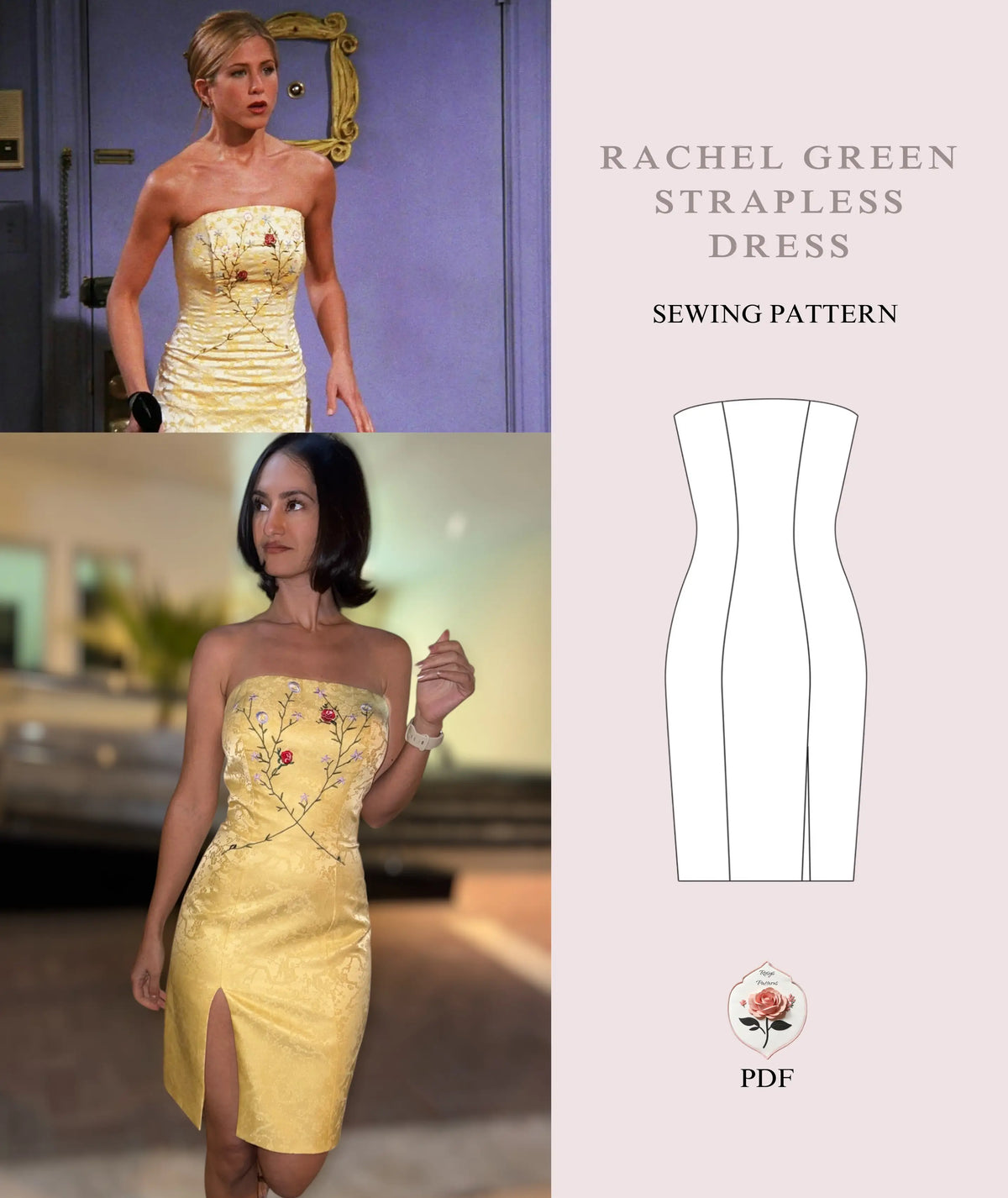 Rachel Green Yellow Strapless Dress Friends 90's Slit Dress Sewing Pattern PDF