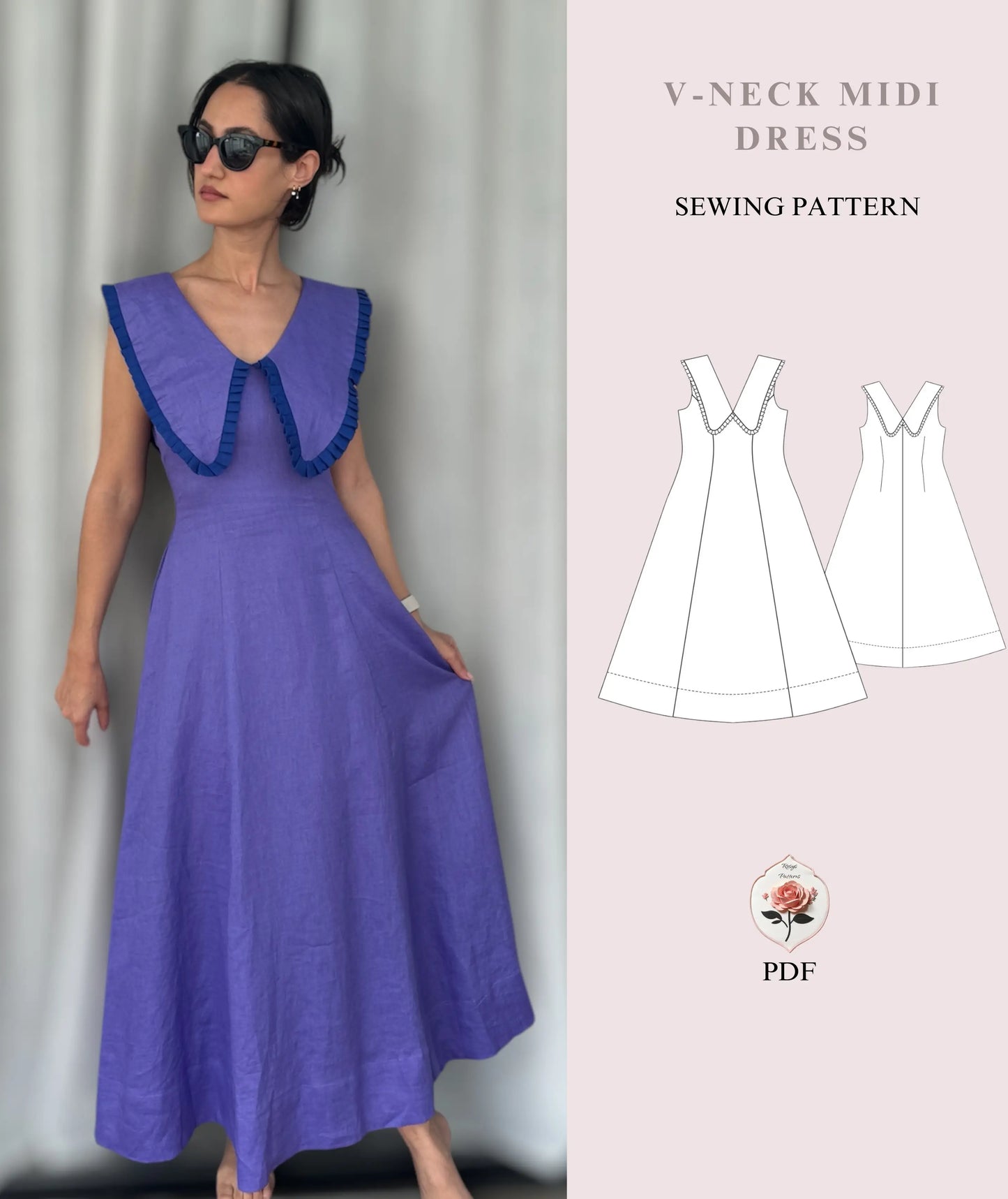 30's Vintage Midi Dress with Big Collars Easy Sewing Pattern