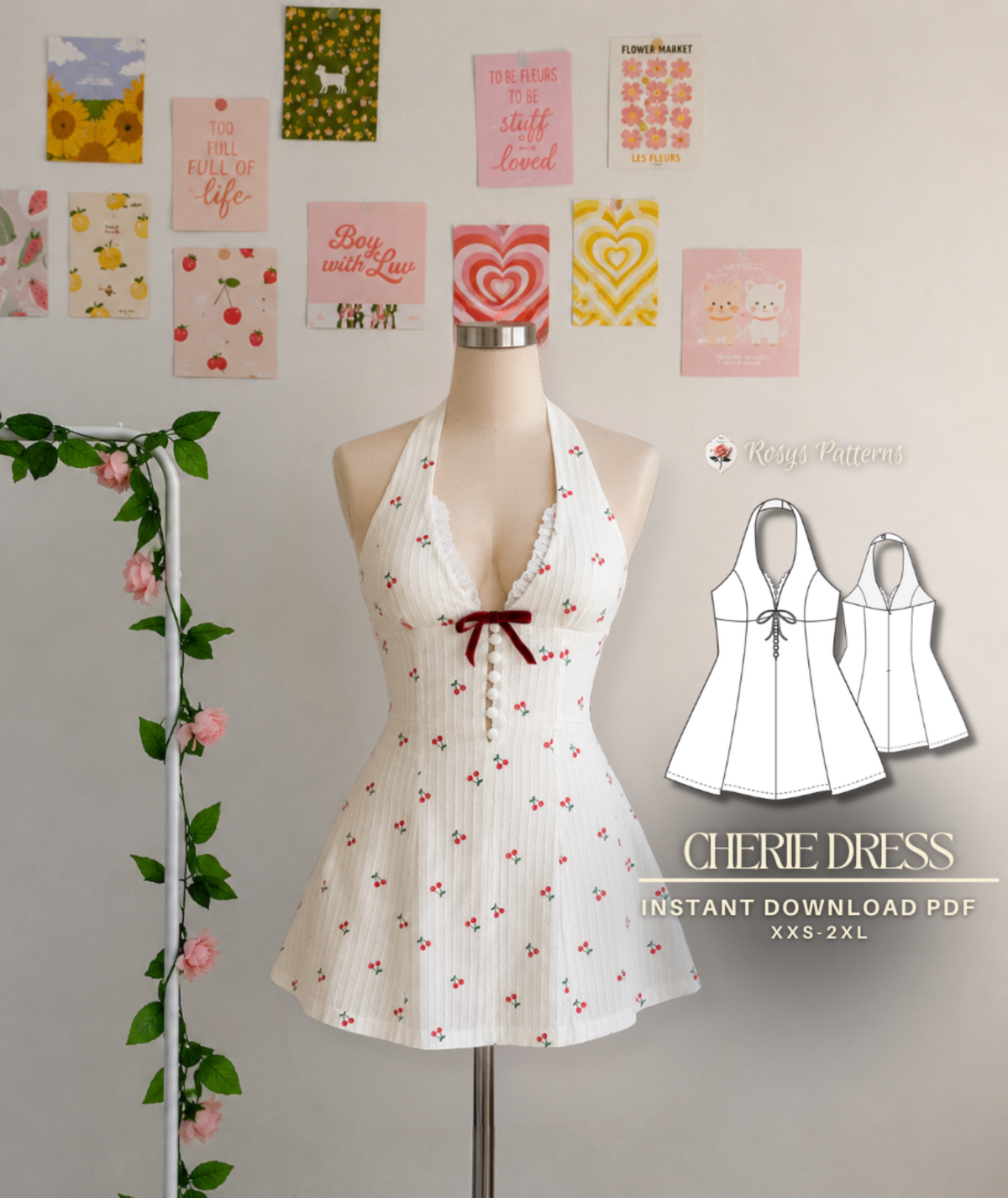 vintage halter dress sewing pattern Open Back Mini PDF – Rosys Patterns Views A and B