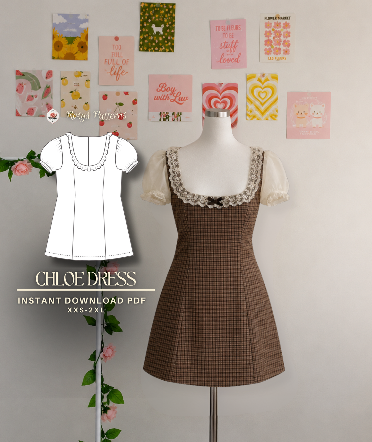 Chloe Dress | Romantic Empire Waist Mini Dress Sewing Pattern | Puff Sleeve Lace Neckline Dress | Beginner Friendly | Sizes XXS–2XL | Instant PDF Download