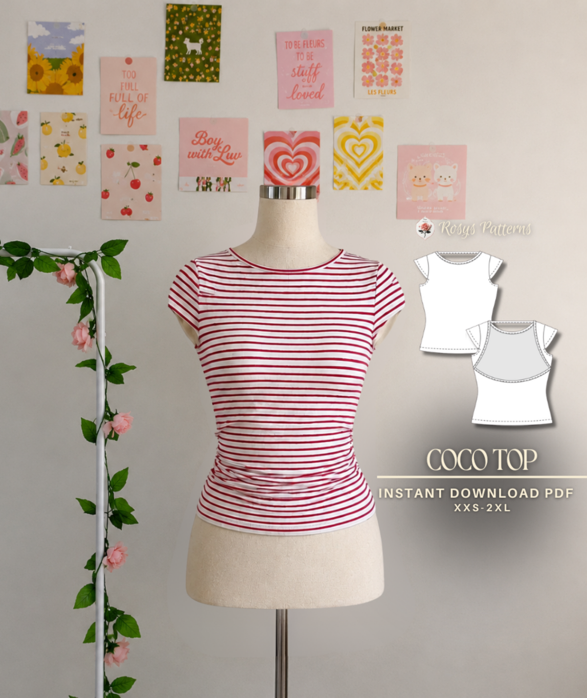 Coco Top Sewing Pattern | Open Back T-Shirt Pattern | Boat Neck Fitted Tee | Beginner Friendly | Sizes XXS–2XL | Instant PDF Download