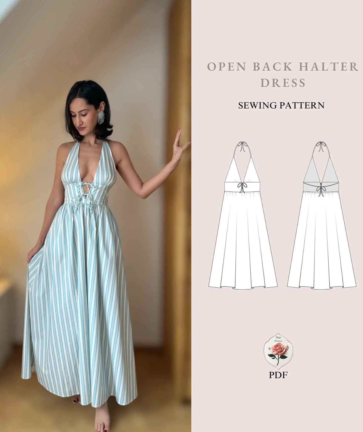 Open Back Halter Dress Beginner Sewing Pattern PDF