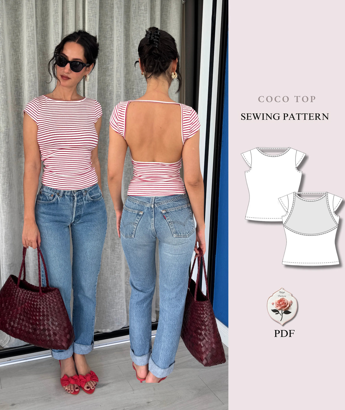 Coco Top Sewing Pattern | Open Back T-Shirt Pattern | Boat Neck Fitted Tee | Beginner Friendly | Sizes XXS–2XL | Instant PDF Download
