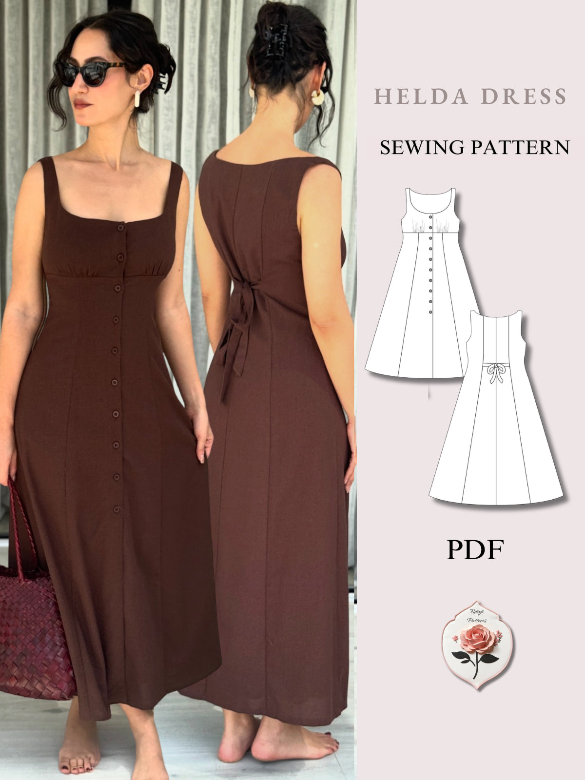 Helda Dress | Button Front Midi Dress Pattern | Gathered Bust A-Line Dress with Back Ties | Sizes XXS–2XL | Instant PDF Download