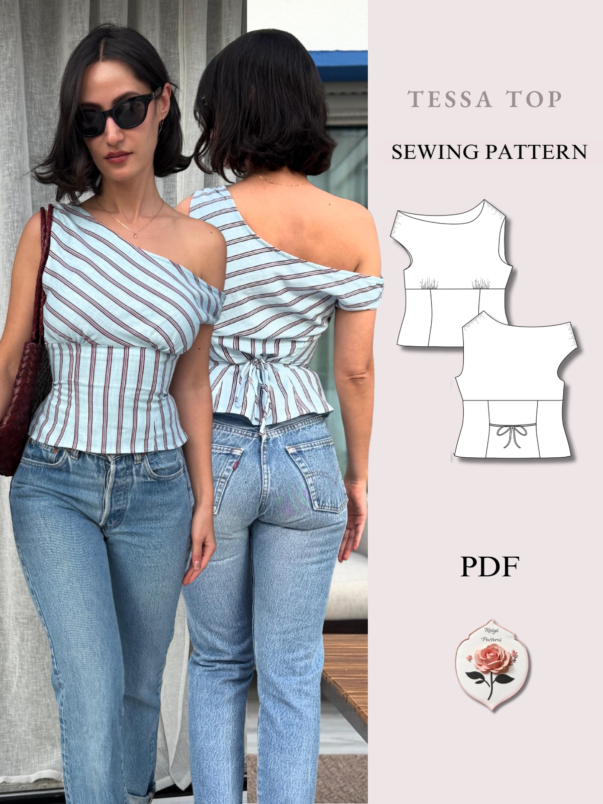 Tessa Top | Asymmetric One Shoulder Top Pattern | Off Shoulder Fitted Corset Style Blouse | Sizes XXS–2XL | Instant Easy PDF Download
