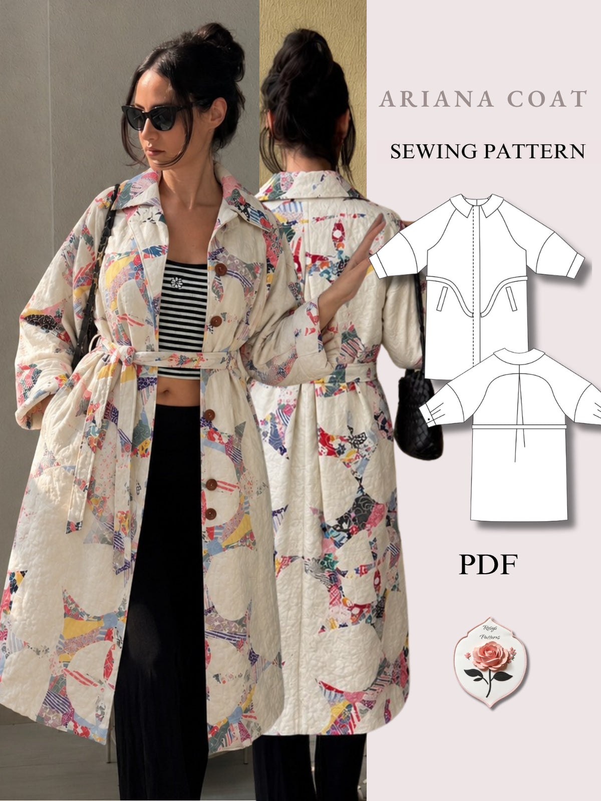 Ariana Coat | Oversized Quilted Coat Pattern | Fully Lined Button Up Jacket with Belt | Sizes XXS–2XL | Instant PDF Download