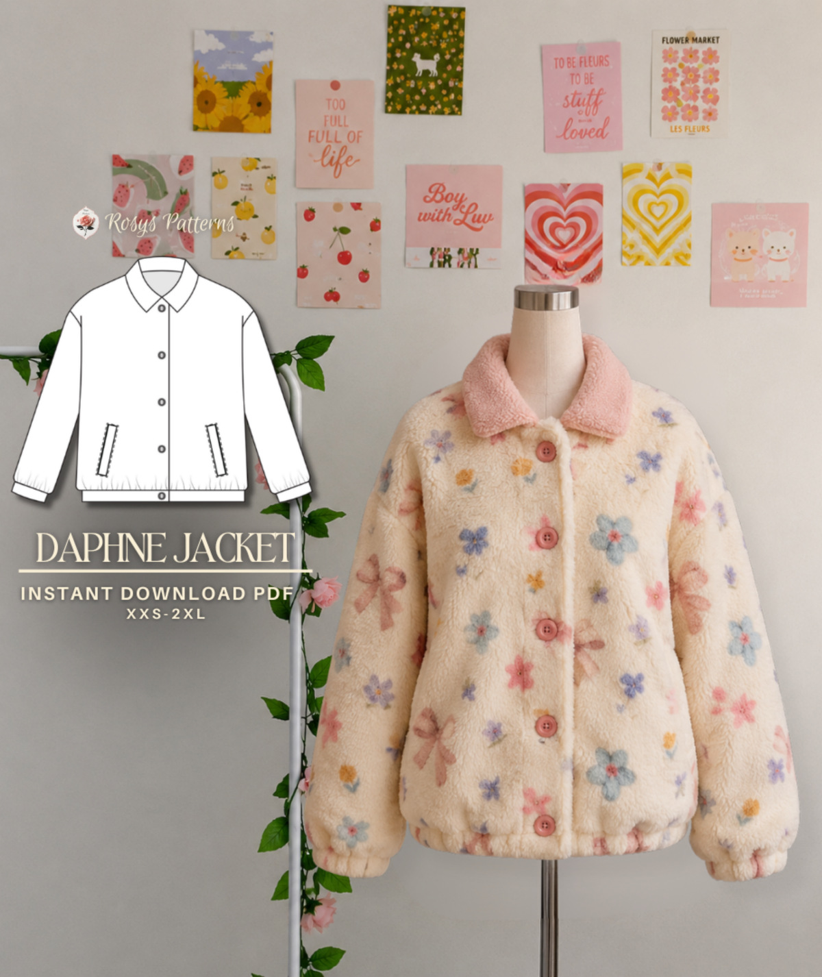 Daphne Jacket Sewing Pattern | Fully Lined Cozy Jacket Pattern | Button Front Jacket with Collar | Beginner Sewing Pattern | Sizes XXS–2XL | Instant PDF Download