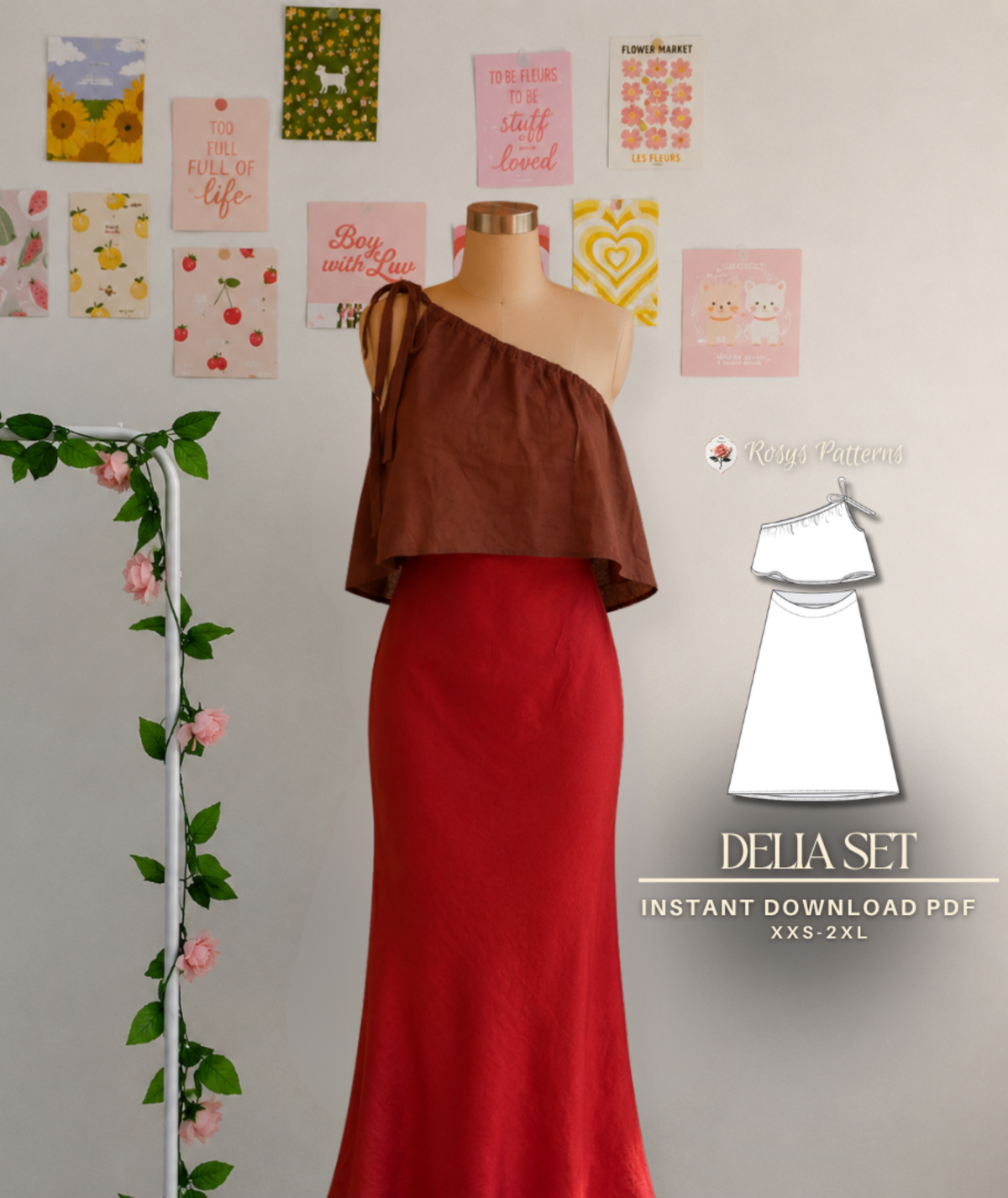 One Shoulder Crop Top and Maxi Skirt Beginner Sewing Pattern