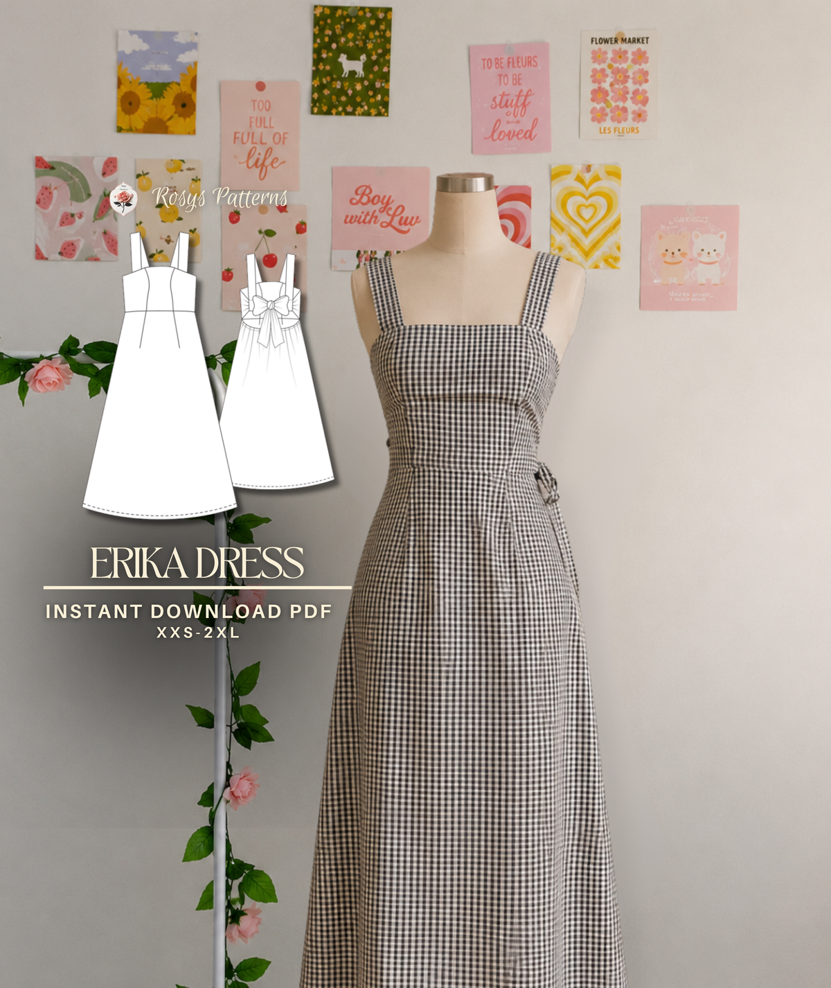 Erika Dress | Open Back Midi Dress | Square Neck Empire Dress with Tie Bow | Beginner Friendly | Sizes XXS–2XL | Instant PDF Download