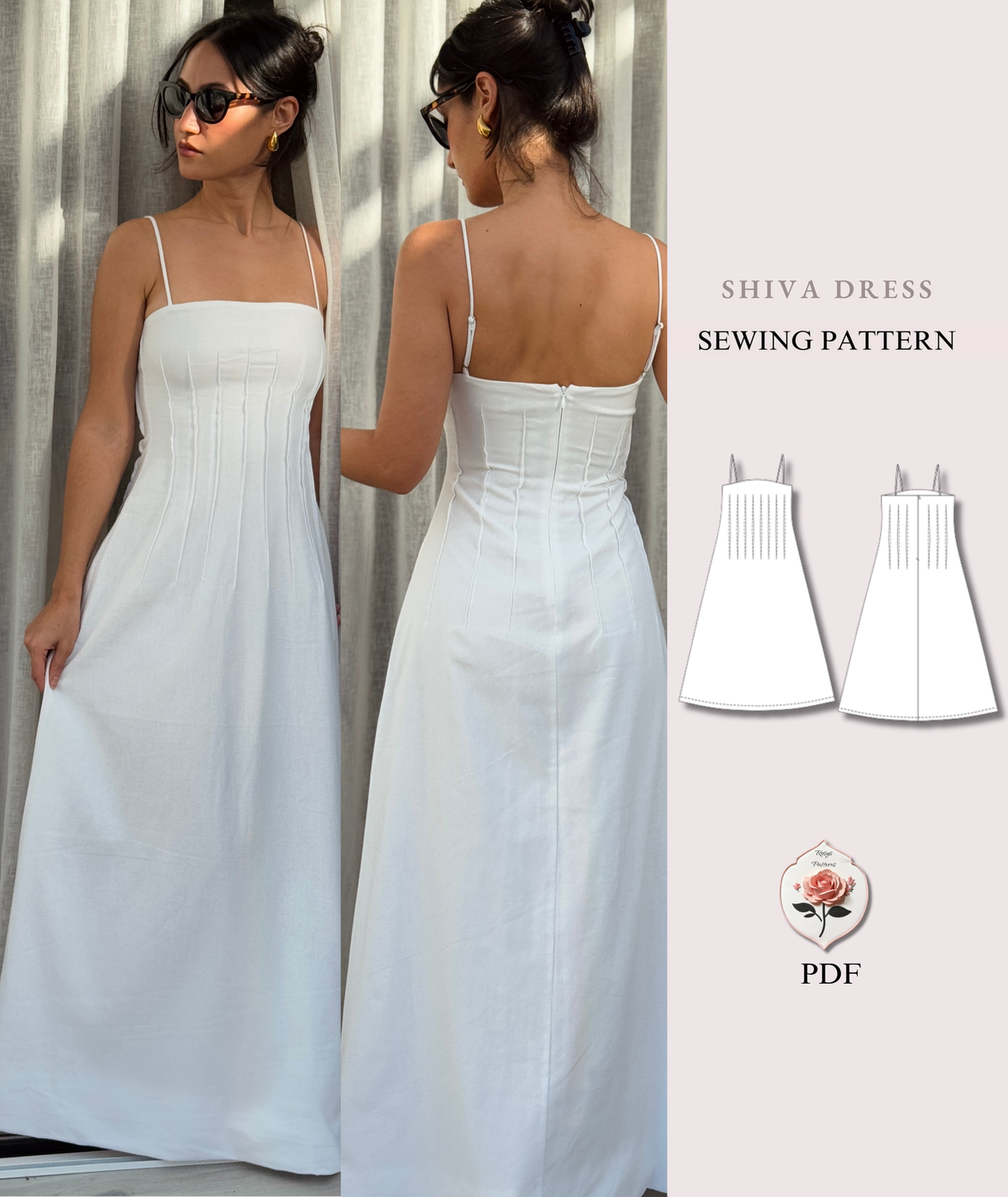 Shiva Dress | Corset Style A-Line Dress Pattern | Spaghetti Strap Maxi Dress | Beginner Friendly | Sizes XXS–2XL | Instant PDF Download