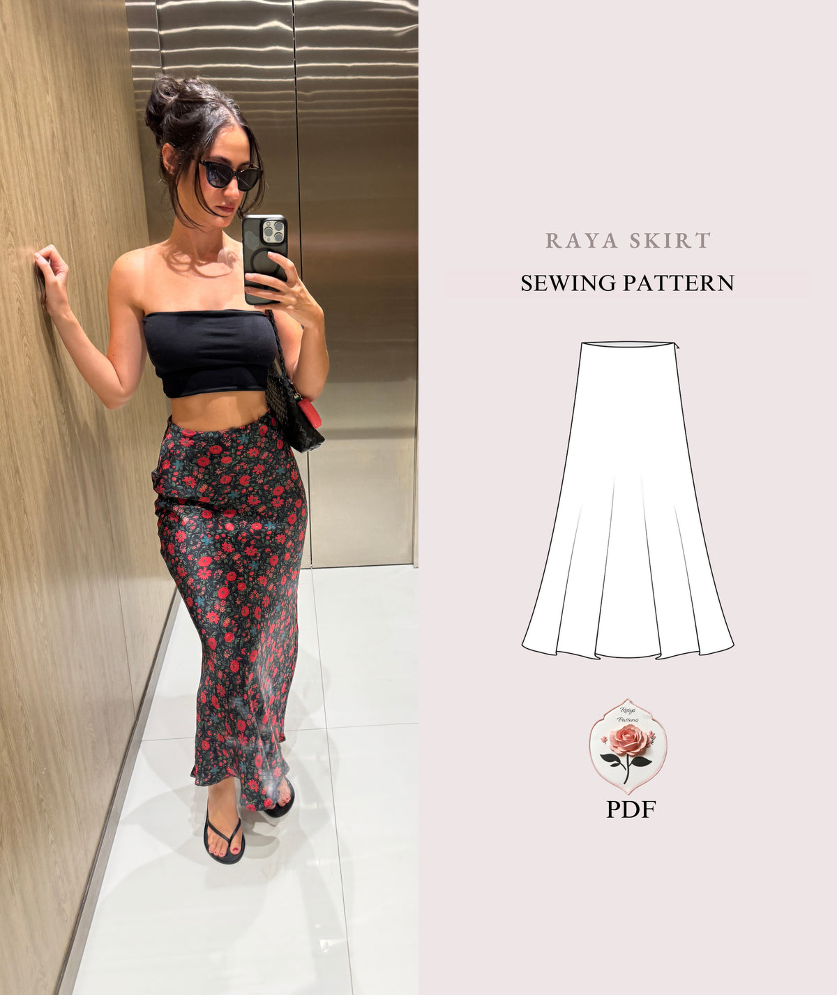 Raya Skirt Sewing Pattern | High Waisted A-Line Maxi Skirt Pattern | Invisible Zipper Skirt | Beginner Friendly | Sizes XXS–2XL | Instant PDF Download
