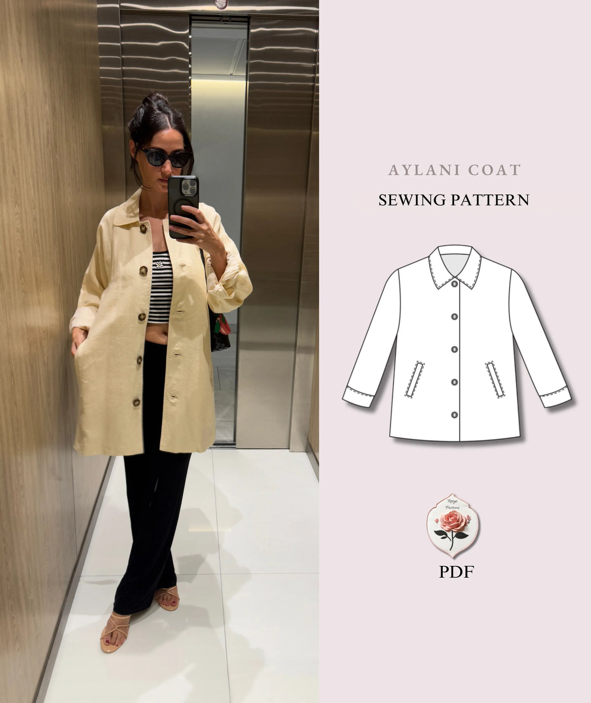 Aylani Coat Sewing Pattern | Fully Lined Minimalist Coat Pattern | Button Front Coat with Welt Pockets | Beginner Friendly | Sizes XXS–2XL | Instant PDF Download
