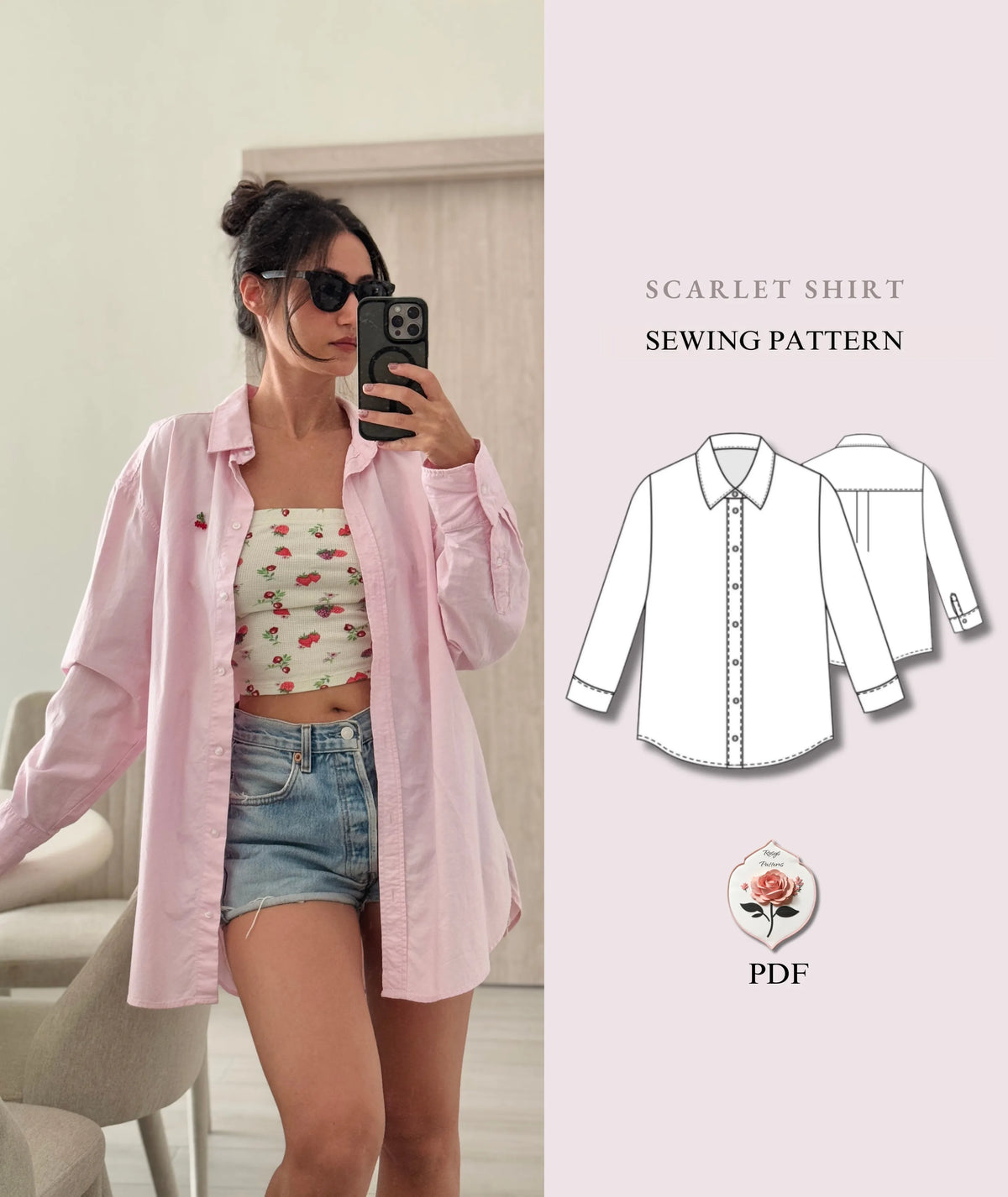 Scarlet Shirt Sewing Pattern | Classic Button-Up Shirt Pattern | Relaxed Fit Shirt with Collar & Cuffs | Beginner Friendly | Sizes XXS–2XL | Instant PDF Download