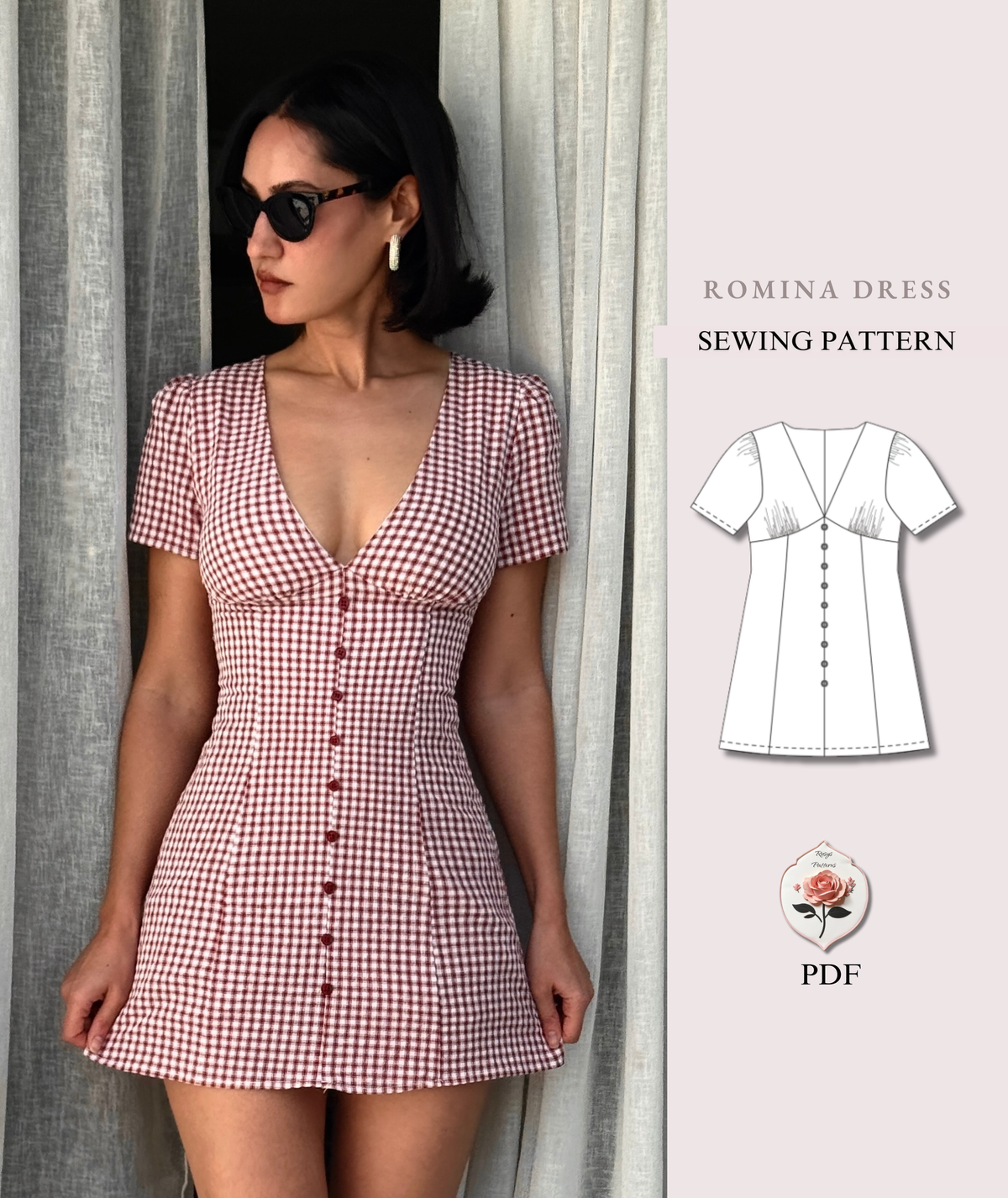 Romina Dress | V Neck Button Front Dress Pattern | Puff Sleeve A-Line Dress | Beginner Friendly | Sizes XXS–2XL | Instant PDF Download