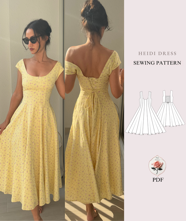 Heidi Dress Sewing Pattern | Sizes XXS–2XL | Lace-Up Back Cottagecore Dress | Panelled Bodice A-Line Skirt | XXS-2XL | Instant PDF Download