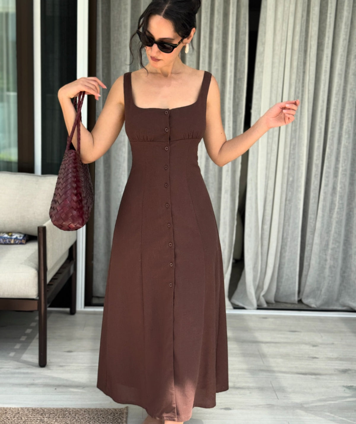 Helda Dress | Button Front Midi Dress Pattern | Gathered Bust A-Line Dress with Back Ties | Sizes XXS–2XL | Instant PDF Download