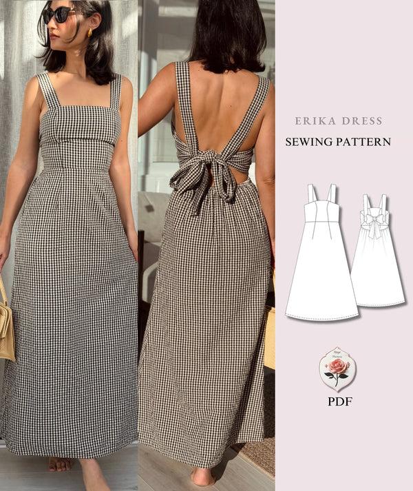 Erika Dress | Open Back Midi Dress | Square Neck Empire Dress with Tie Bow | Beginner Friendly | Sizes XXS–2XL | Instant PDF Download
