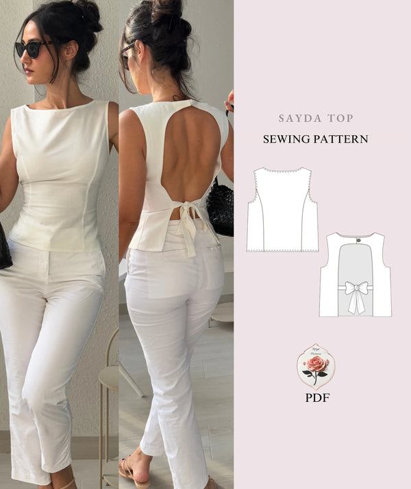 Sayda Top Sewing Pattern | Open Back Sleeveless Top Pattern | Princess Seam Blouse with Waist Ties | Beginner Friendly | Sizes XXS–2XL | Instant PDF Download